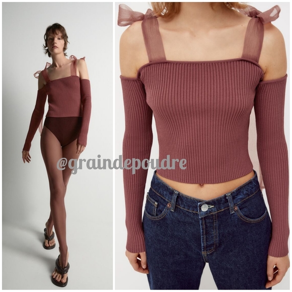 Rare Zara Organza Tie Cold Shoulder Ballet Top M - Picture 2 of 9